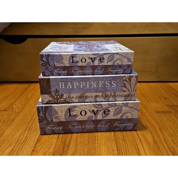Elegant 3 Pc Nesting Storage Box Set Purple Fleur De Lis Love Laugh Happiness - Picture 5 of 11